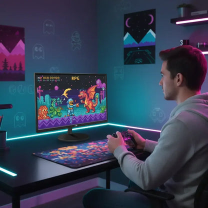 Man playing retro RPG video game at gaming desk with neon LED lights and pixel art decor