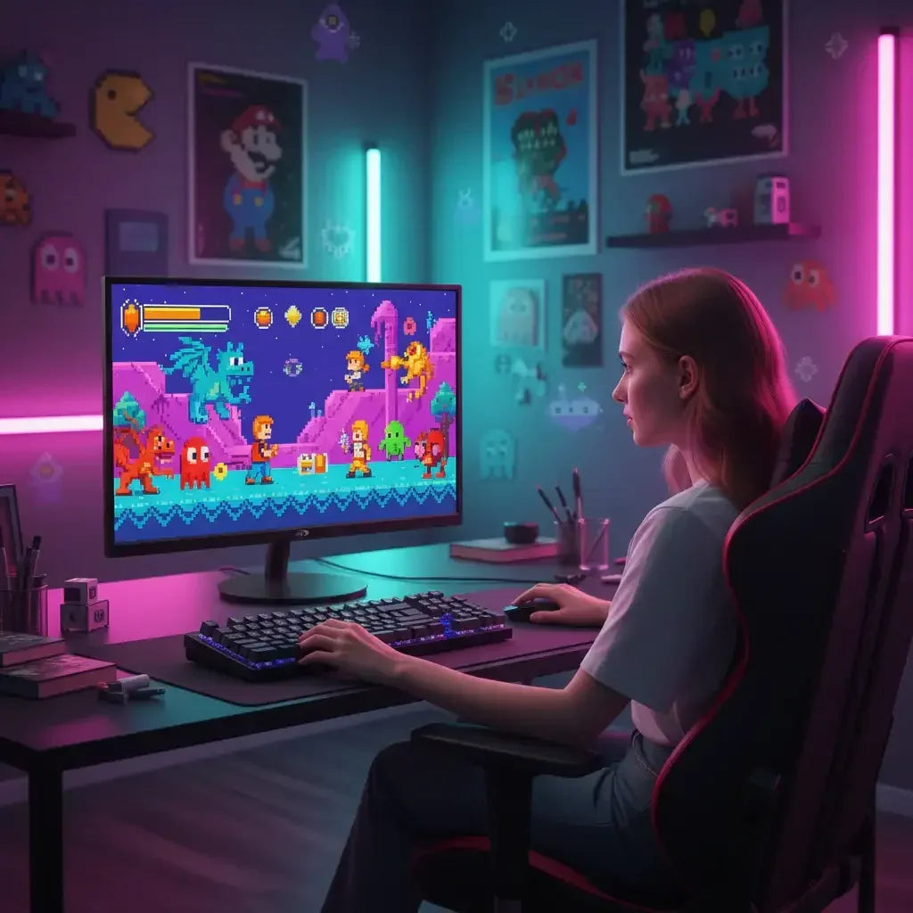 Woman gaming at RGB-lit desk with pixel art video game and retro arcade decor