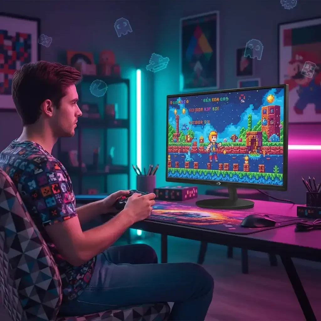 Gamer playing retro pixel art video game on computer in neon-lit gaming room