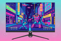 Pixel art video game scene with a blue hero and large robot on a Sceptre gaming monitor