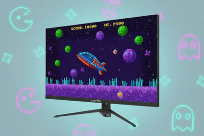 Sceptre gaming monitor displaying pixel art spaceship game with neon retro icons in background