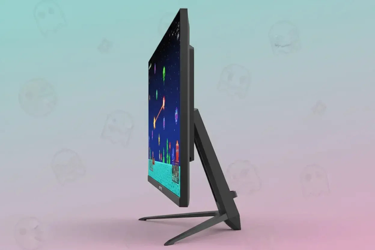 Slim gaming monitor side view with retro game display on a pastel gradient background