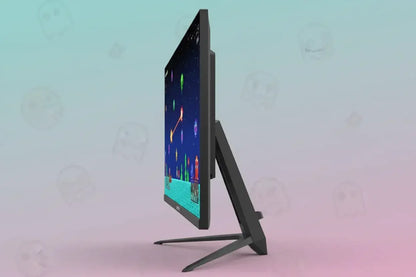Slim gaming monitor side view with retro game display on a pastel gradient background