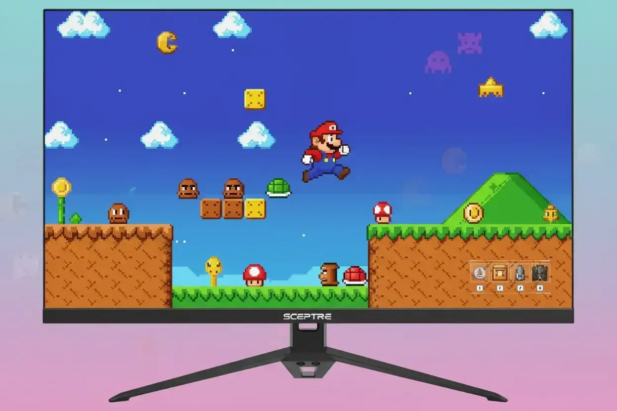 Sceptre monitor displaying retro pixel Super Mario game scene with blue sky and clouds