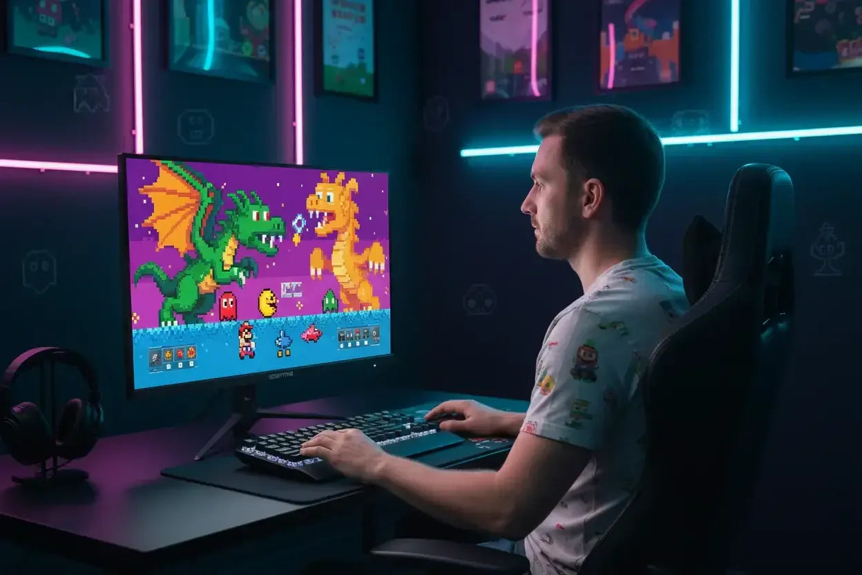 Man gaming at a neon-lit desk with retro pixel art dragons on a computer monitor