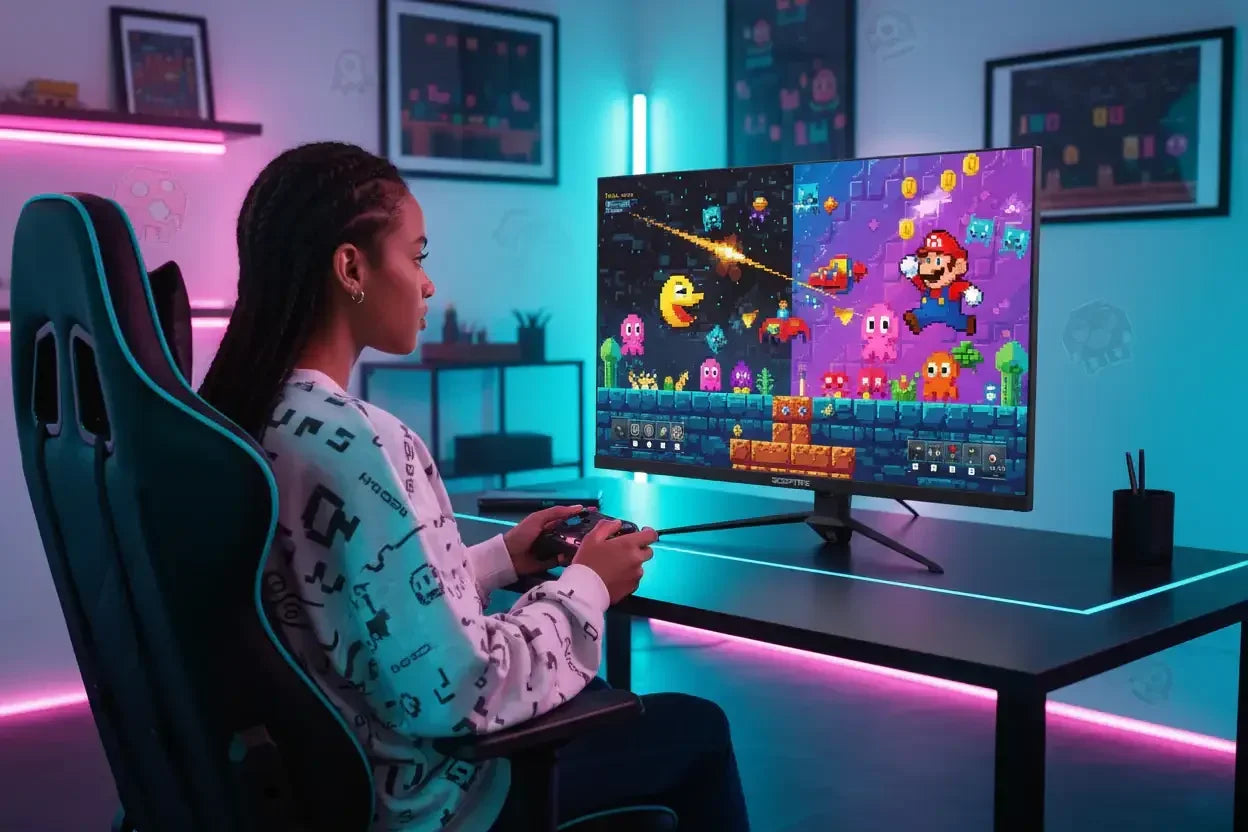 Girl gamer playing retro arcade video game on PC in neon-lit gaming room