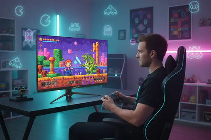 Man gaming in neon-lit room with retro decor, playing pixel art video game on monitor