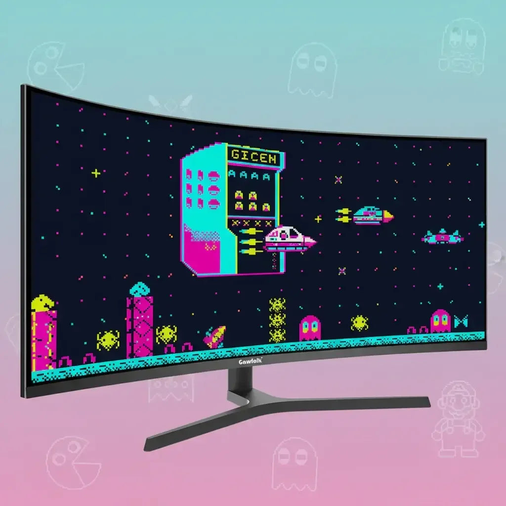 Curved gaming monitor displaying retro pixel art space shooter game with bright neon colors