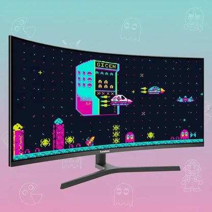 Curved gaming monitor displaying retro pixel art space shooter game with bright neon colors