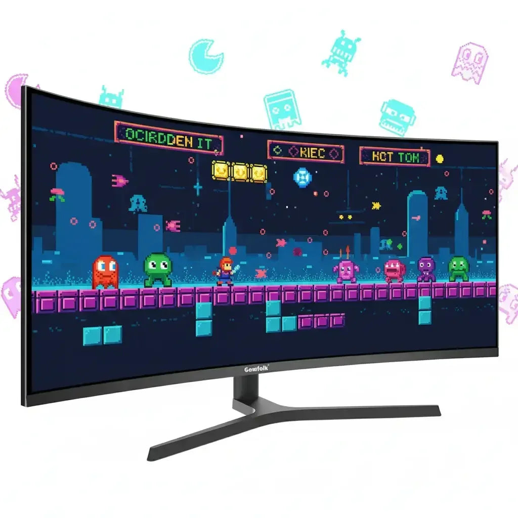 Curved Geufolk monitor displaying retro pixel art video game with colorful characters in pixelated cityscape arcade style