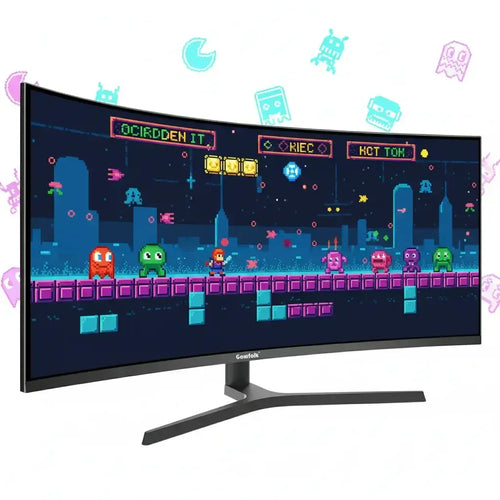 Curved Geufolk monitor displaying retro pixel art video game with colorful characters in pixelated cityscape arcade style