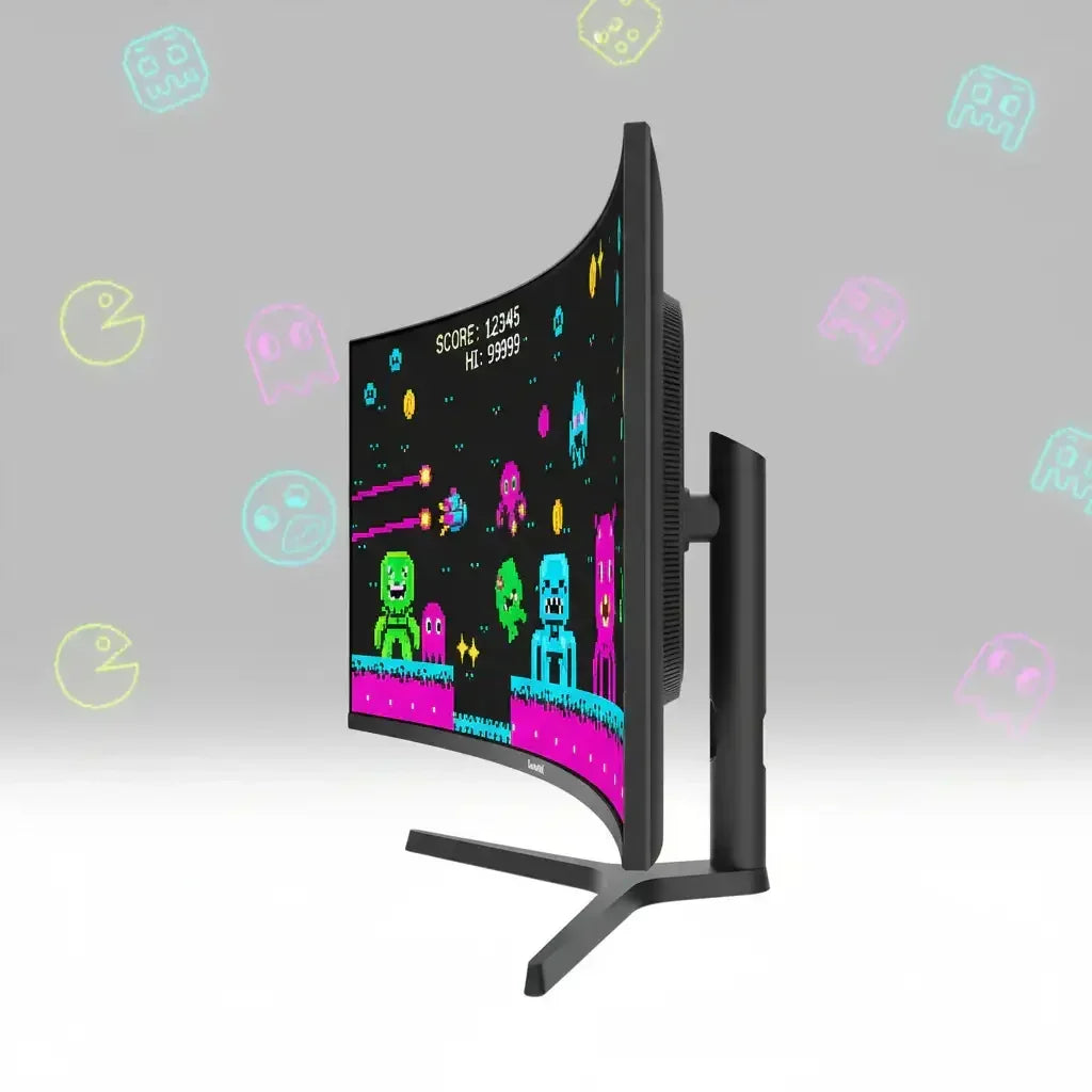 Curved gaming monitor displaying colorful retro-style pixel art game with space and monster characters