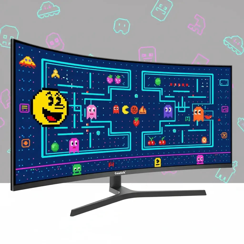 Curved gaming monitor displaying colorful retro pixelated maze game with smiling yellow character and ghosts