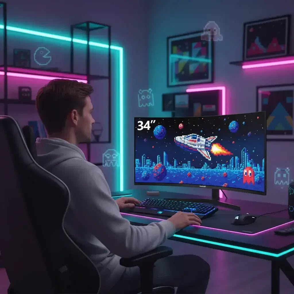Man gaming on 34-inch curved monitor with retro pixel space shooter in neon-lit gaming setup