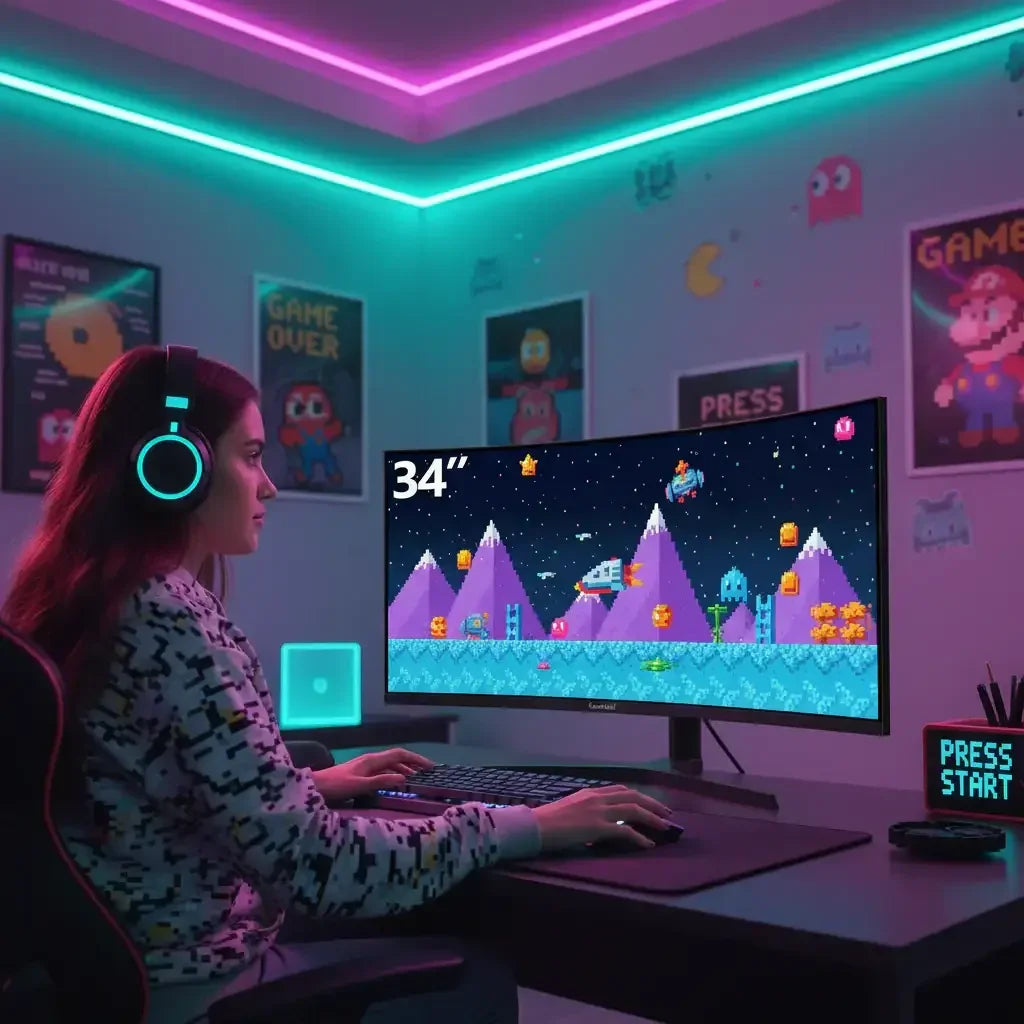 Gamer woman with RGB headset playing retro pixel art space game on 34-inch curved monitor in neon-lit room