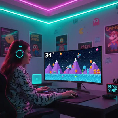 Gamer woman with RGB headset playing retro pixel art space game on 34-inch curved monitor in neon-lit room