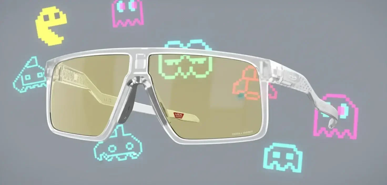 Clear frame sunglasses with yellow lenses and retro video game pixel art background