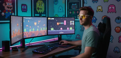 Gamer with yellow glasses at triple monitor gaming setup, retro arcade game decor background