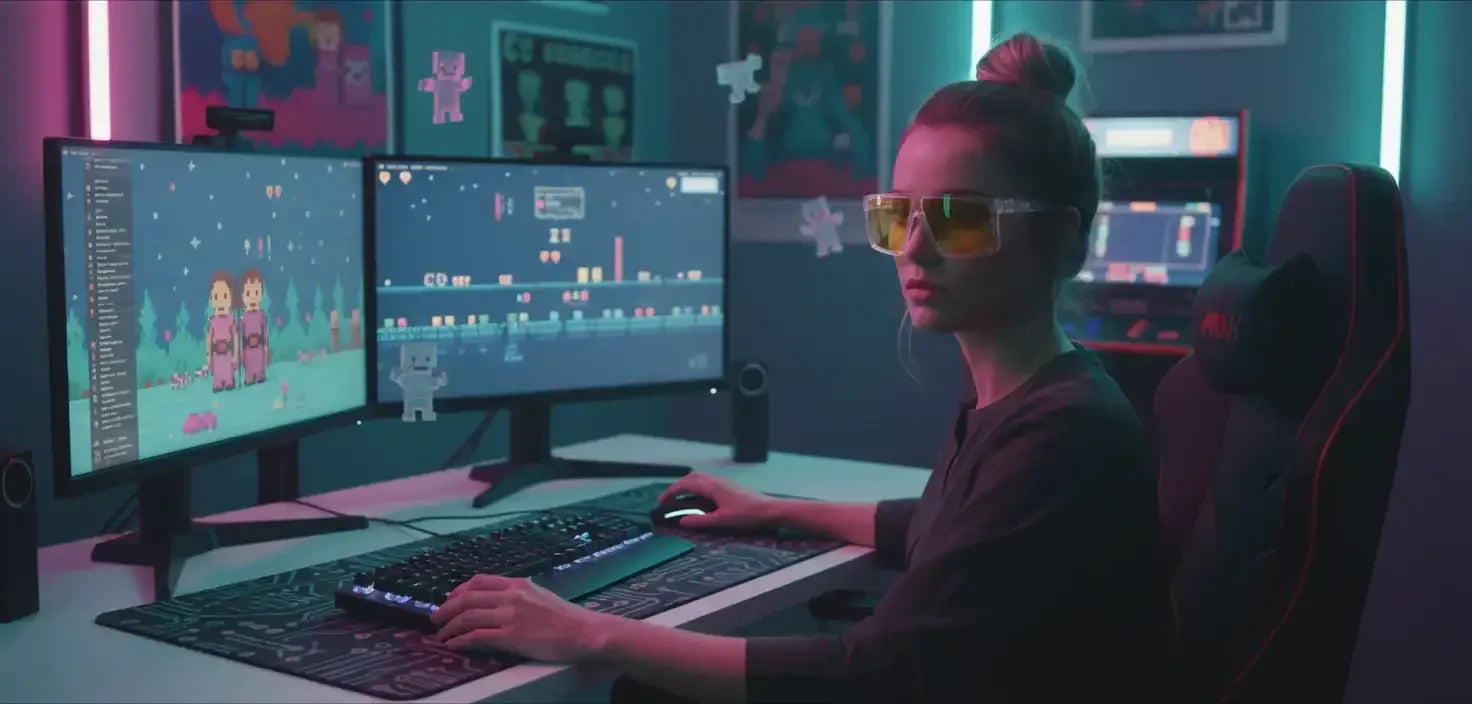 Woman gamer at dual monitors with pixel art game, neon lights, yellow glasses, gaming chair