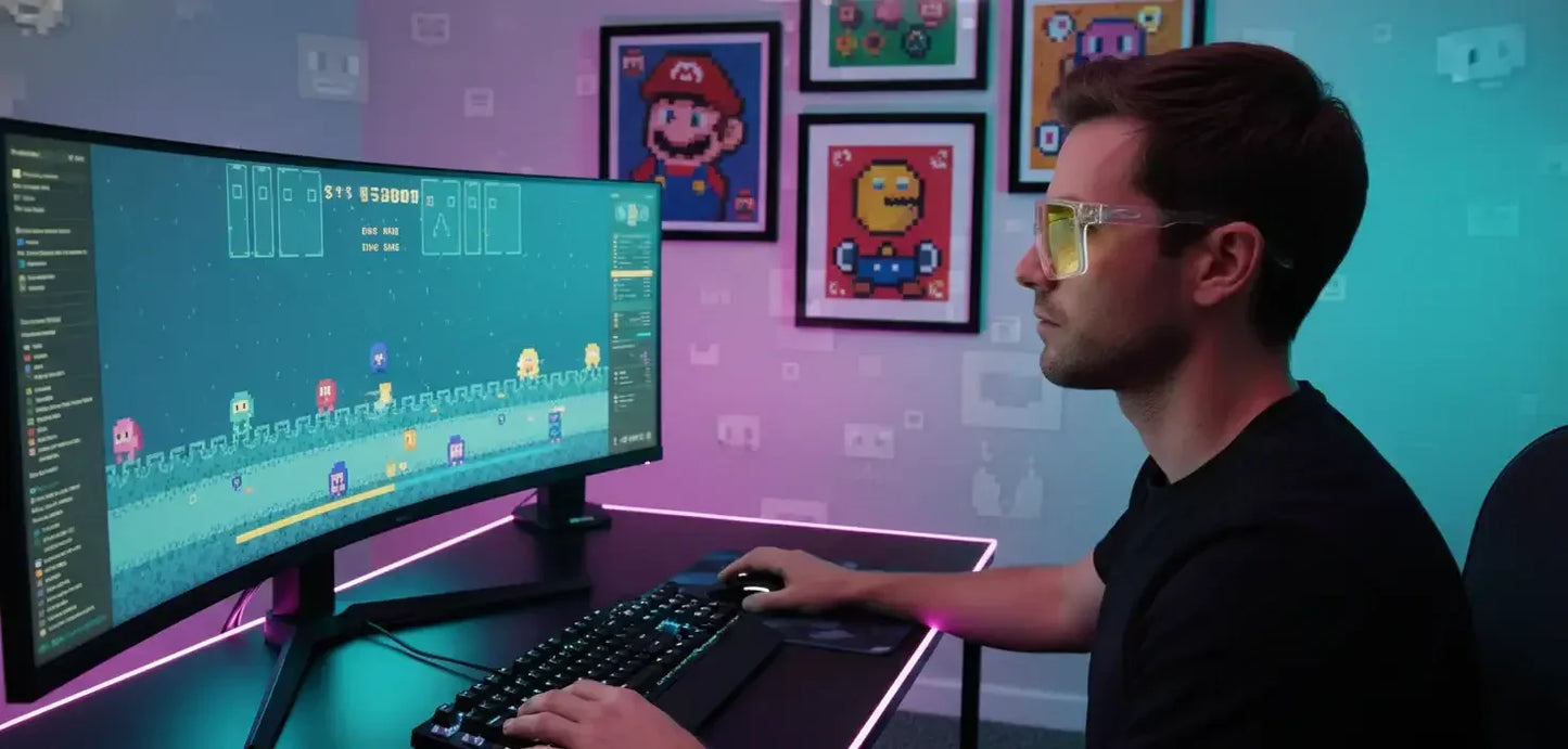 Man gaming on curved monitor at RGB-lit desk, retro pixel art posters on wall.