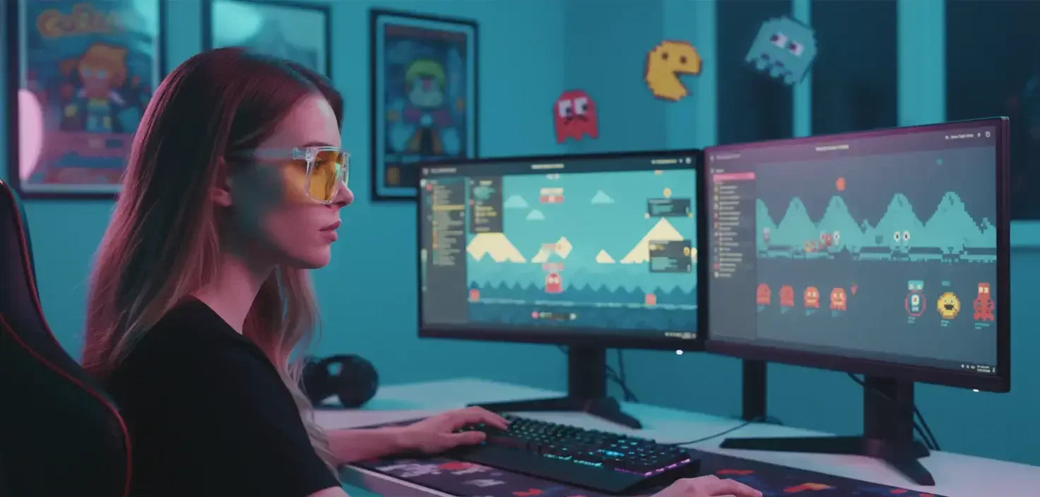 Woman with gaming glasses coding on dual monitors in a video game-themed room
