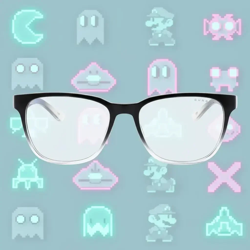 Black framed Gunnars blue light glasses with retro pixelated video game characters background