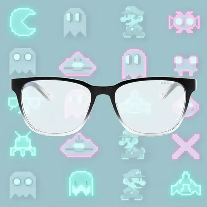 Black framed Gunnars blue light glasses with retro pixelated video game characters background
