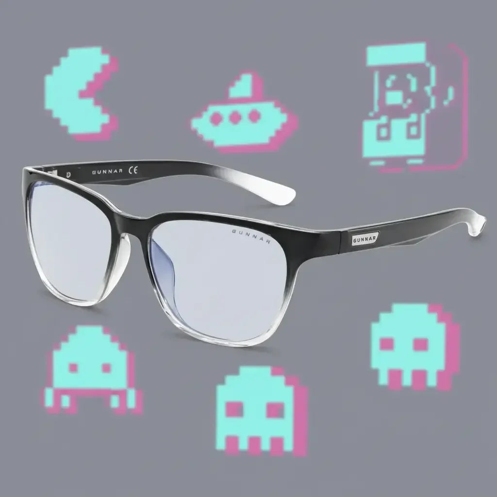 Black and transparent Gunnar gaming glasses with pixelated retro video game icons on gray background