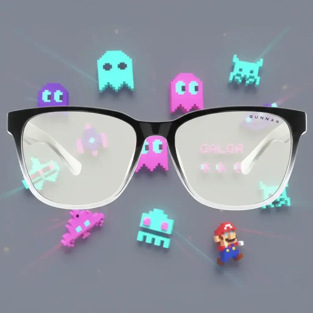 Gunnar gaming glasses with pixelated retro arcade characters and Mario figure on gray background