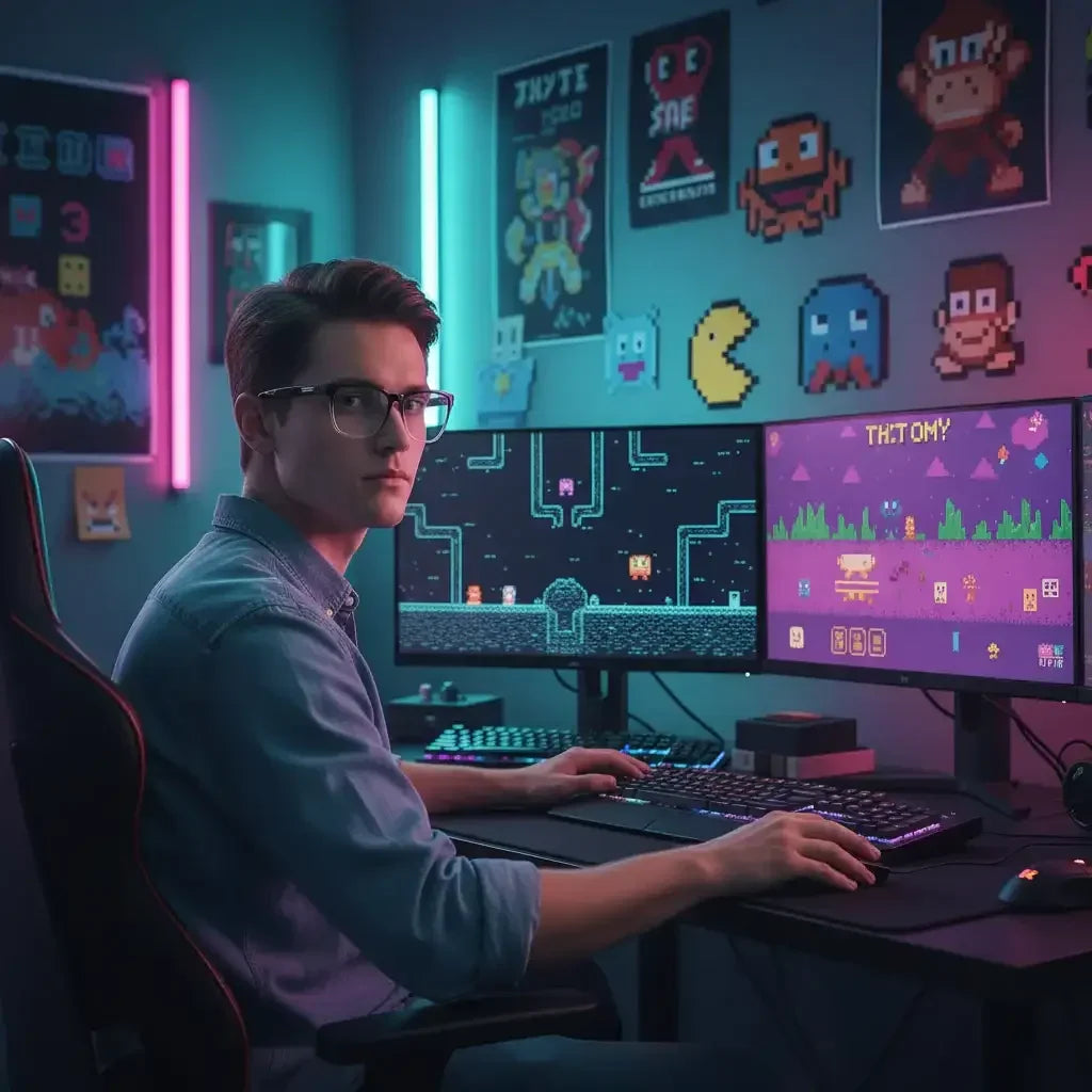 Young man gaming on dual monitors in neon-lit room with retro pixel art and arcade posters