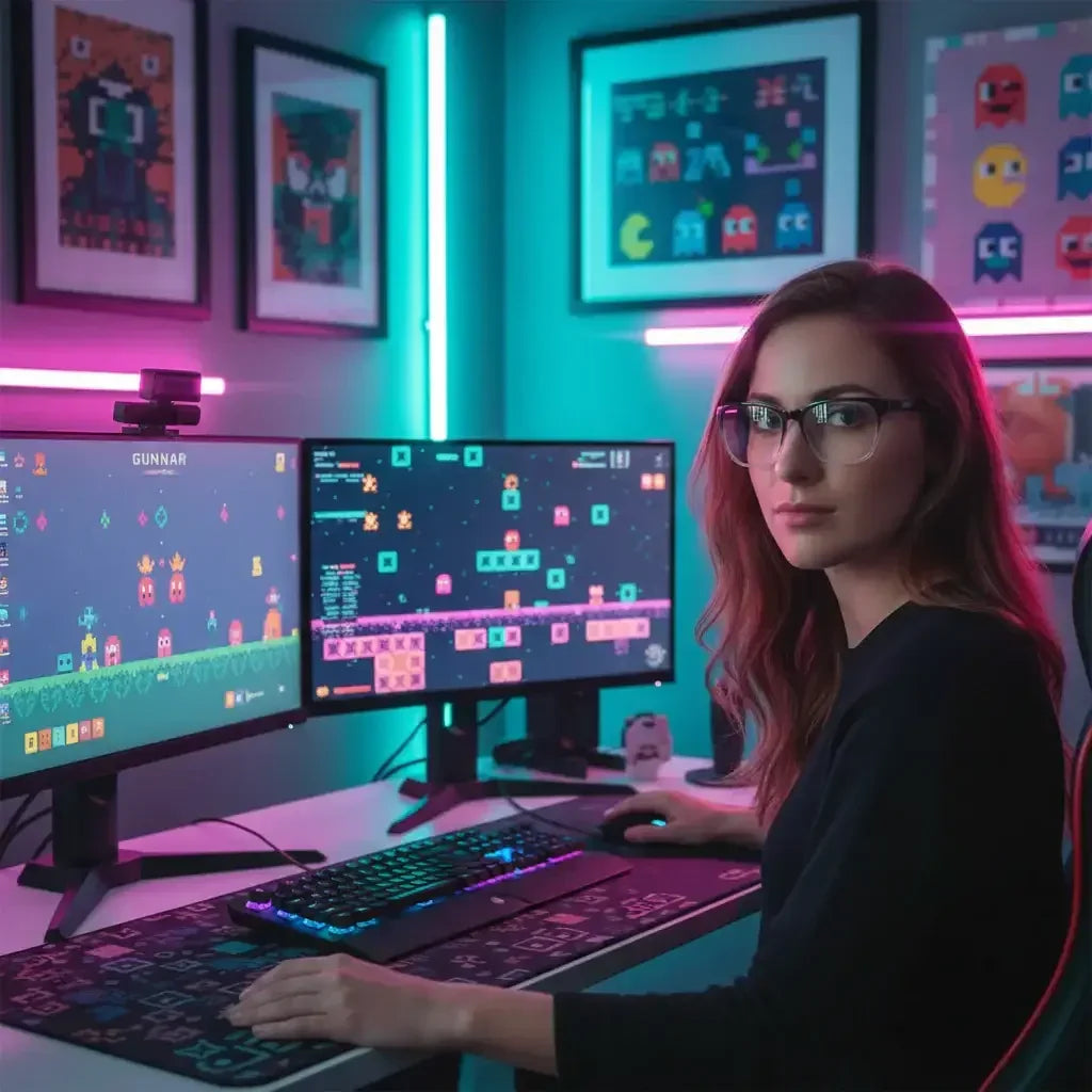 Woman gamer with glasses playing pixel art video game on dual monitors in neon-lit gaming room
