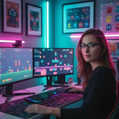 Woman gamer with glasses playing pixel art video game on dual monitors in neon-lit gaming room