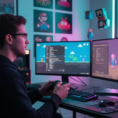 Young man gaming with controller at dual monitors displaying pixel art video games in colorful gaming setup