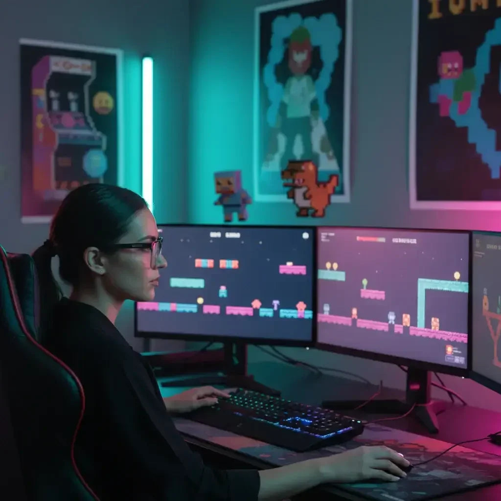 Woman gamer with glasses playing pixel art video games on a triple monitor setup in a neon-lit gaming room