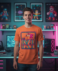 Young man wearing orange Donkey Kong pixel art T-shirt in a retro gaming themed room with pixel art posters and gaming setup