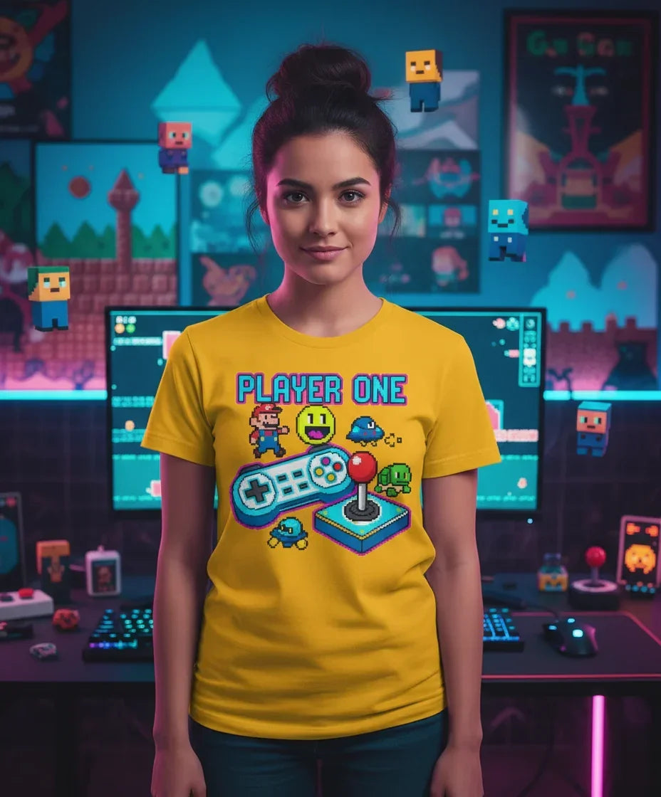 Woman in yellow Player One retro gaming t-shirt in colorful gamer room with pixel art decor