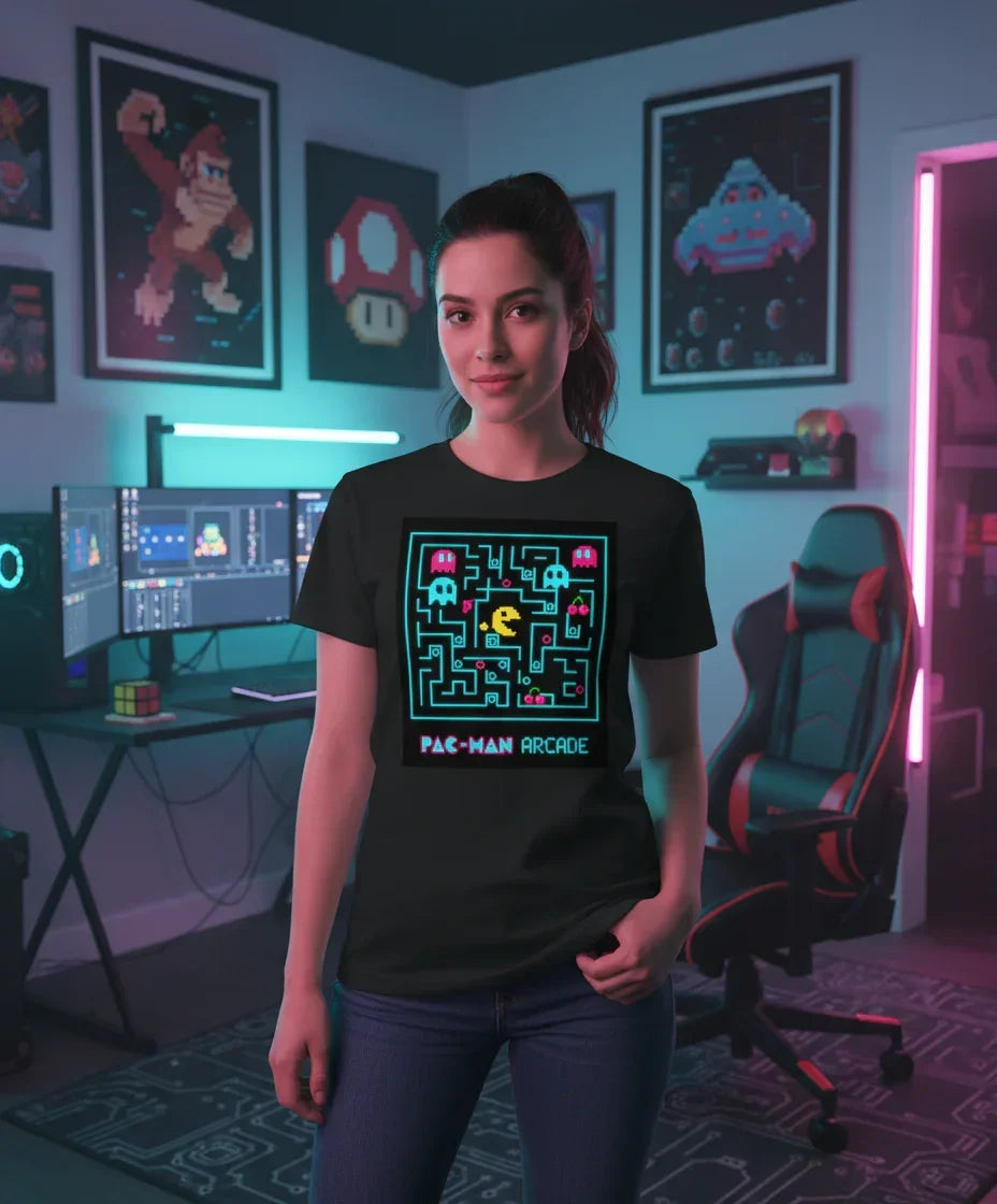 Woman in gaming room wearing Pac-Man arcade t-shirt, retro gaming decor and neon lights