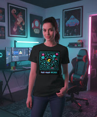 Woman in gaming room wearing Pac-Man arcade t-shirt, retro gaming decor and neon lights