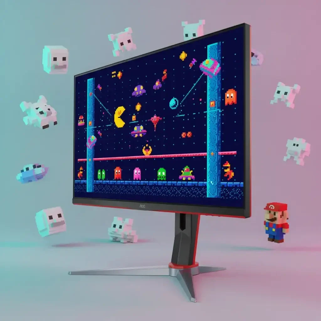 AOC gaming monitor displaying retro pixelated Pac-Man style space game, surrounded by 3D pixel art characters and Mario figure