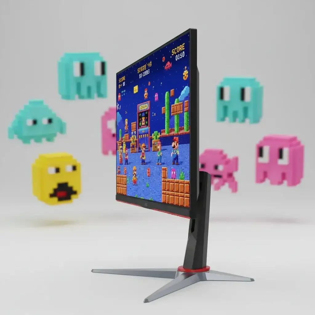 Gaming monitor displaying pixelated retro video game with floating 8-bit ghost characters around it