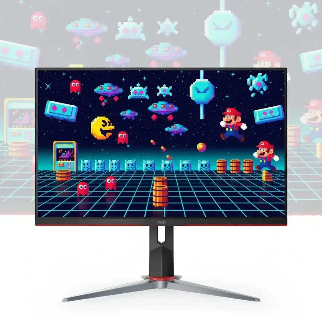 AOC computer monitor displaying pixel art retro video game scene with Pac-Man, Mario, and space enemies