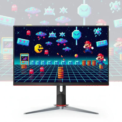 AOC computer monitor displaying pixel art retro video game scene with Pac-Man, Mario, and space enemies