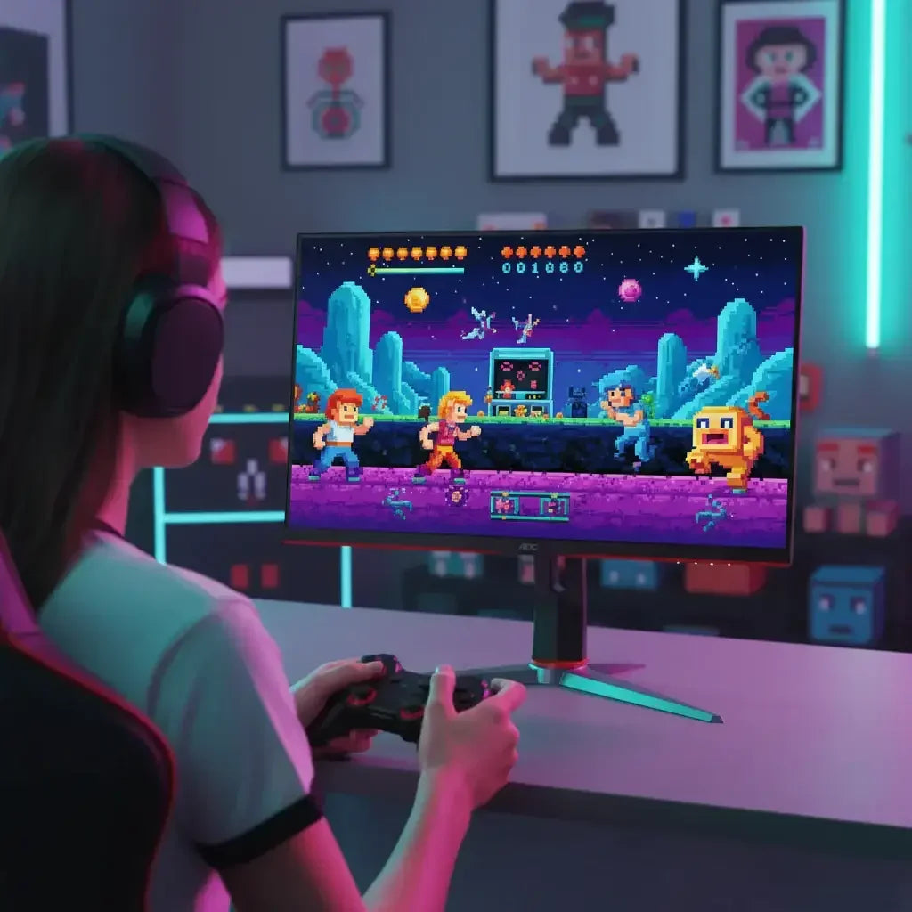 Person playing colorful pixel art retro video game on PC monitor with game controller headset