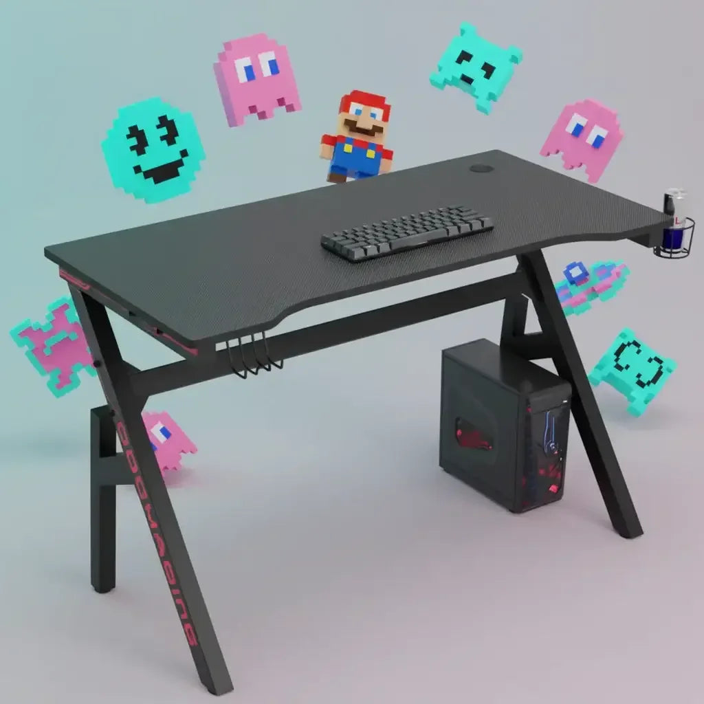 Modern black gaming desk with keyboard, PC tower, cup holder, and pixel art characters background