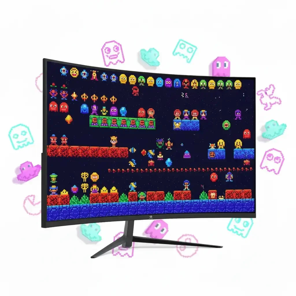 Curved gaming monitor displaying vibrant retro pixel art game characters and levels with colorful ghosts backdrop