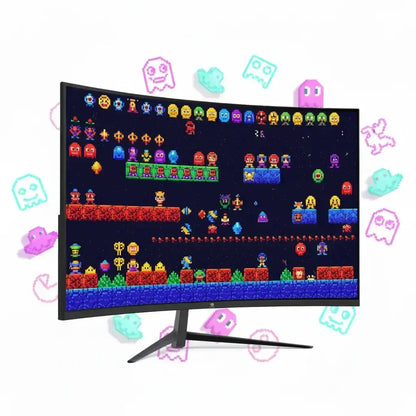 Curved gaming monitor displaying vibrant retro pixel art game characters and levels with colorful ghosts backdrop