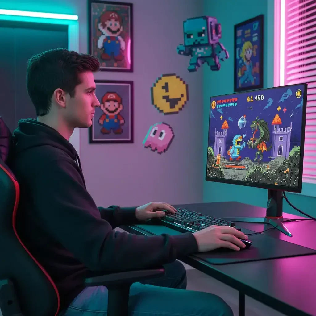Young man playing retro pixel art video game on desktop PC in neon-lit gaming room with pixel art wall decor