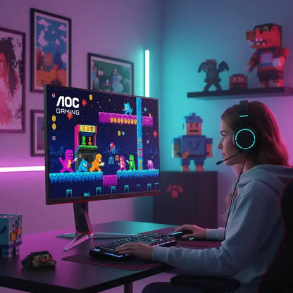 Young gamer wearing headset playing colorful pixel art video game on AOC Gaming monitor in neon-lit room