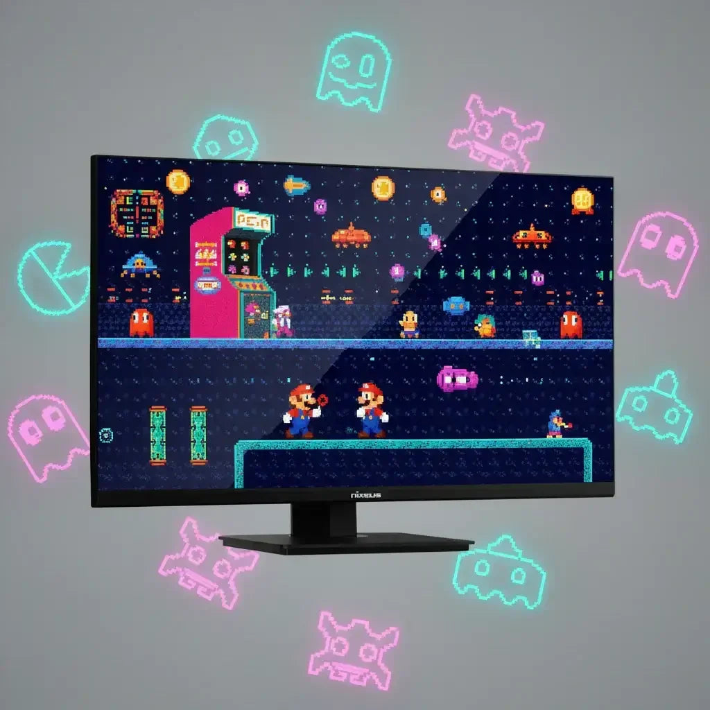 Monitor displaying retro pixel art video game with arcade icons and neon ghost graphics