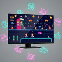 Monitor displaying retro pixel art video game with arcade icons and neon ghost graphics